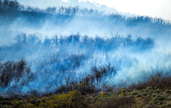 (Rick Egan  |  The Salt Lake Tribune)   Firefighters battle a fire near the Dutch Canyon Road in Midway, Tuesday May 12, 2020