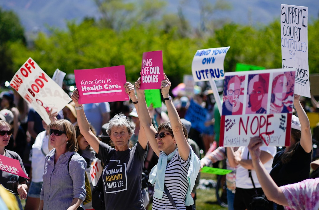(Francisco Kjolseth | The Salt Lake Tribune) Protesters gather at the Utah Capitol for a “Bans Off Our Beehive” rally in support of abortion rights on Saturday, May 14, 2022.