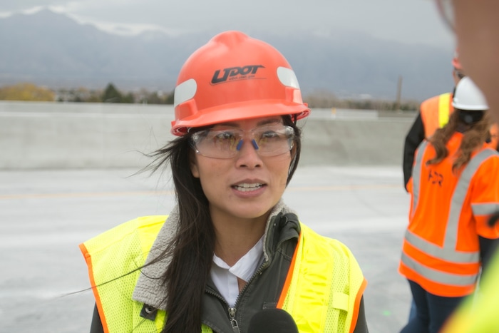 (Rick Egan  |  The Salt Lake Tribune)    Oanh Le-Spradlin, Project Manager of the I-215 project  asks about her project that will open on Monday morning, all lanes will open on the I-215 west belt. Thursday, November 16, 2017.


