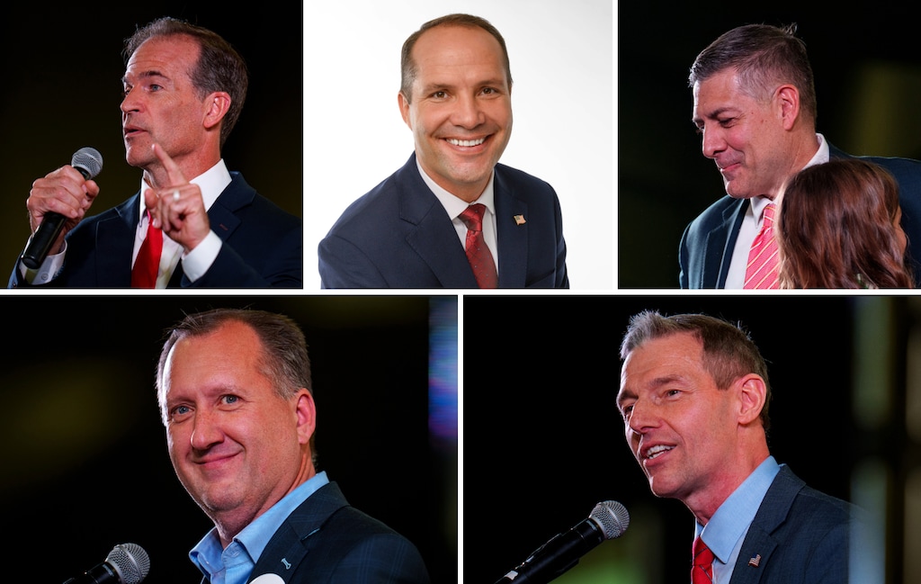 (Trent Nelson | The Salt Lake Tribune; Bird campaign) Clockwise from top left: Case Lawrence, JR Bird, Steward Peay, Mike Kennedy, and John Dougall, candidates for the GOP nomination for the 3rd Congressional District.