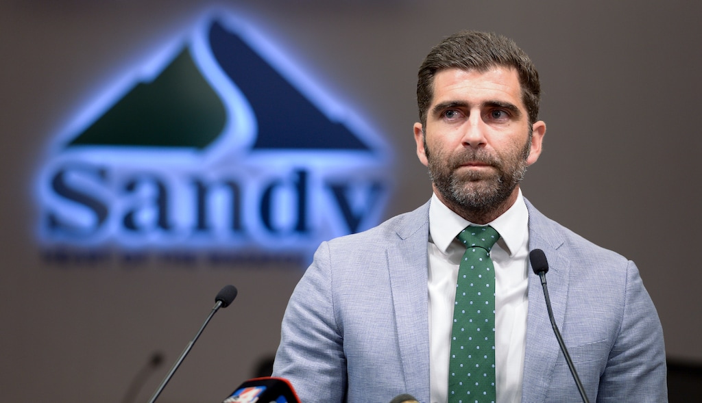 (Leah Hogsten | The Salt Lake Tribune) Sandy Mayor Kurt Bradburn announced Tuesday, April 24, 2018 during a news conference that the city has fired Sandy Police Chief Kevin Thacker after allegations of inappropriate and unprofessional conduct. All allegations involve police department employees.