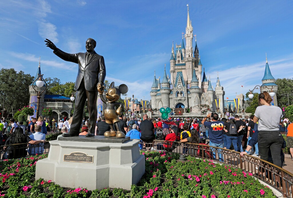 (John Raoux | AP photo)

In this Jan. 9, 2019, photo, guests watch a show near a statue of Walt Disney and Micky Mouse in front of the Cinderella Castle at the Magic Kingdom at Walt Disney World in Lake Buena Vista, Fla.