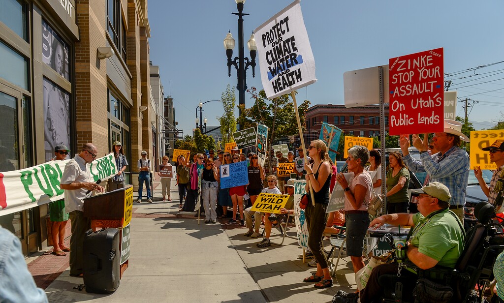 (Leah Hogsten | The Salt Lake Tribune) Dave Pacheco with the Southern Utah Wilderness Alliance speaks to concerned citizens and activists protesting the Bureau of Land Management's auction of more than 100,000 acres across Utah for oil and gas leases, Tuesday, Sept. 11, 2018.