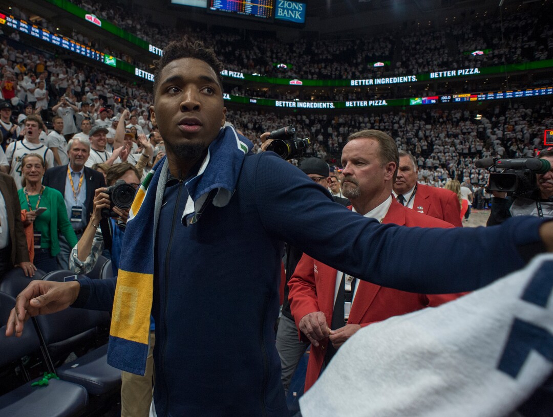 (Rick Egan  |  The Salt Lake Tribune)    The crowd goes wild as Utah Jazz guard Donovan Mitchell (45) leaves the floor as the Jazz take a 3-1 lead in the series,  after winning game 4, NBA playoff action between Utah Jazz and Oklahoma City Thunder, in Salt Lake City, Monday April 23, 2018.