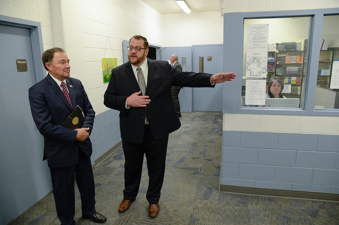 (Francisco Kjolseth  |  The Salt Lake Tribune) Juvenile Justice Services Director Brett Peterson, right, at Decker Youth Center in West Valley City is joined by Gov. Gary Herbert as he gives a tour of the facility on Wednesday, Jan. 15, 2020, to discuss its success after juvenile justice reforms were passed in 2017.