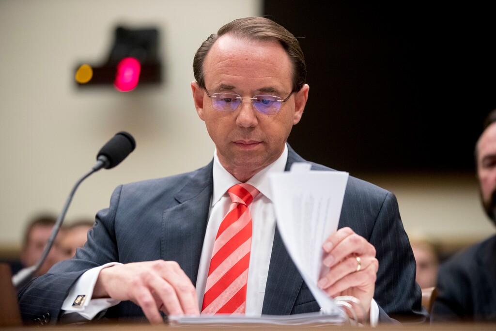 (Andrew Harnik | Associated Press file photo) In this June 28, 2018, photo, Deputy Attorney General Rod Rosenstein appears before a House Judiciary Committee hearing on Capitol Hill in Washington. A group of 11 House Republicans have introduced articles of impeachment against Rosenstein, who oversees special counsel Robert Mueller’s investigation into Russian election interference and President Donald Trump’s 2016 campaign.