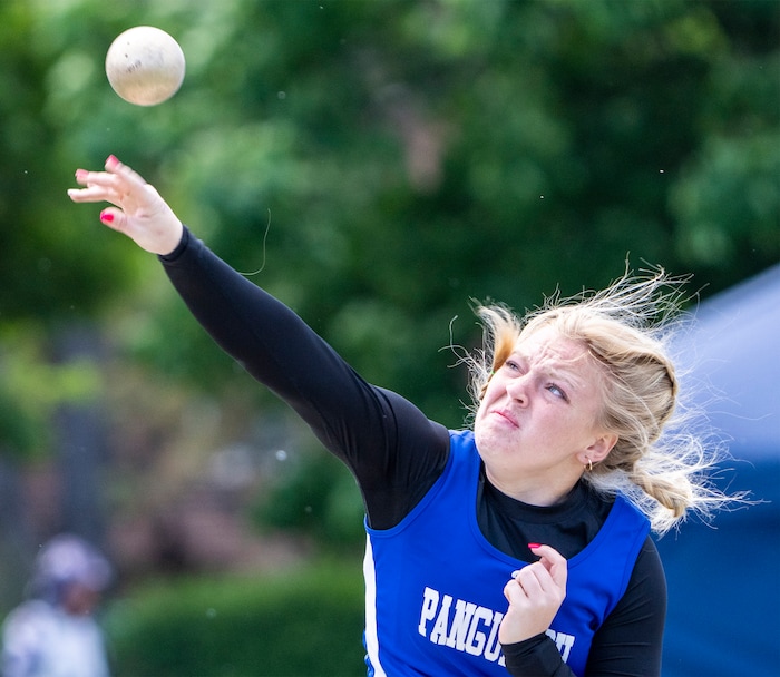 (Rick Egan | The Salt Lake Tribune)  Kaelynn Cox competes in the 1A Girl's Shotput, at the Utah High School State Track Meet, at BYU on Friday, May 20, 2022.
