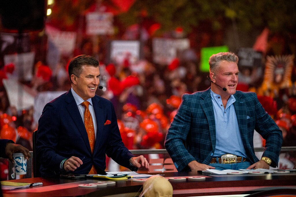 (Trent Nelson  |  The Salt Lake Tribune) Rece Davis and Pat McAfee during the broadcast of ESPN’s ‘College GameDay’ at the University of Utah in Salt Lake City on Saturday, Nov. 1, 2025.