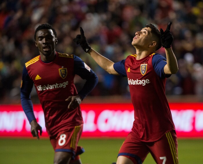 (Rick Egan  |  The Salt Lake Tribune)      Real Salt Lake forward Jefferson Savarino (7) celebrates after scoring a goal, in MLS action between Real Salt Lake and Vancouver Whitecaps, at Rio Tinto Stadium beSaturday, April 7, 2018.


