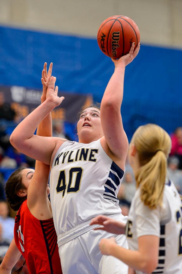 (Trent Nelson | The Salt Lake Tribune)  Skyline's Cameron Mooney (40) shoots as Skyline faces Springville in the 5A High School Girls' Basketball Tournament at SLCC in Taylorsville, Wednesday Feb. 21, 2018.