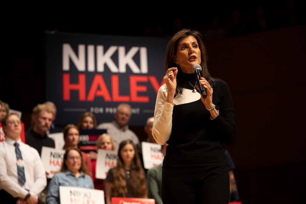 (Rick Egan | The Salt Lake Tribune)  Republican presidential candidate Nikki Haley gives a speech during a rally at The Noorda Center for the Performing Arts at Utah Valley University in Orem, on Wednesday, Feb. 28, 2024.