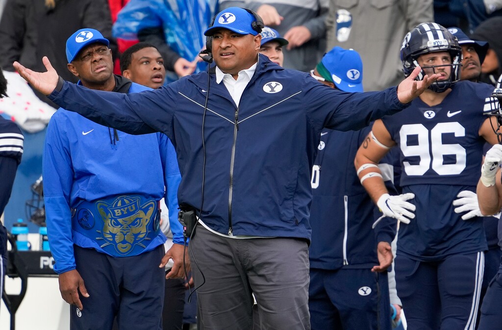 (Leah Hogsten | The Salt Lake Tribune) Brigham Young Cougars head coach Kalani Sitake disputes a call as No. 10 Brigham Young University hosts Boise State at LaVell Edwards Stadium, Oct. 9, 2021.