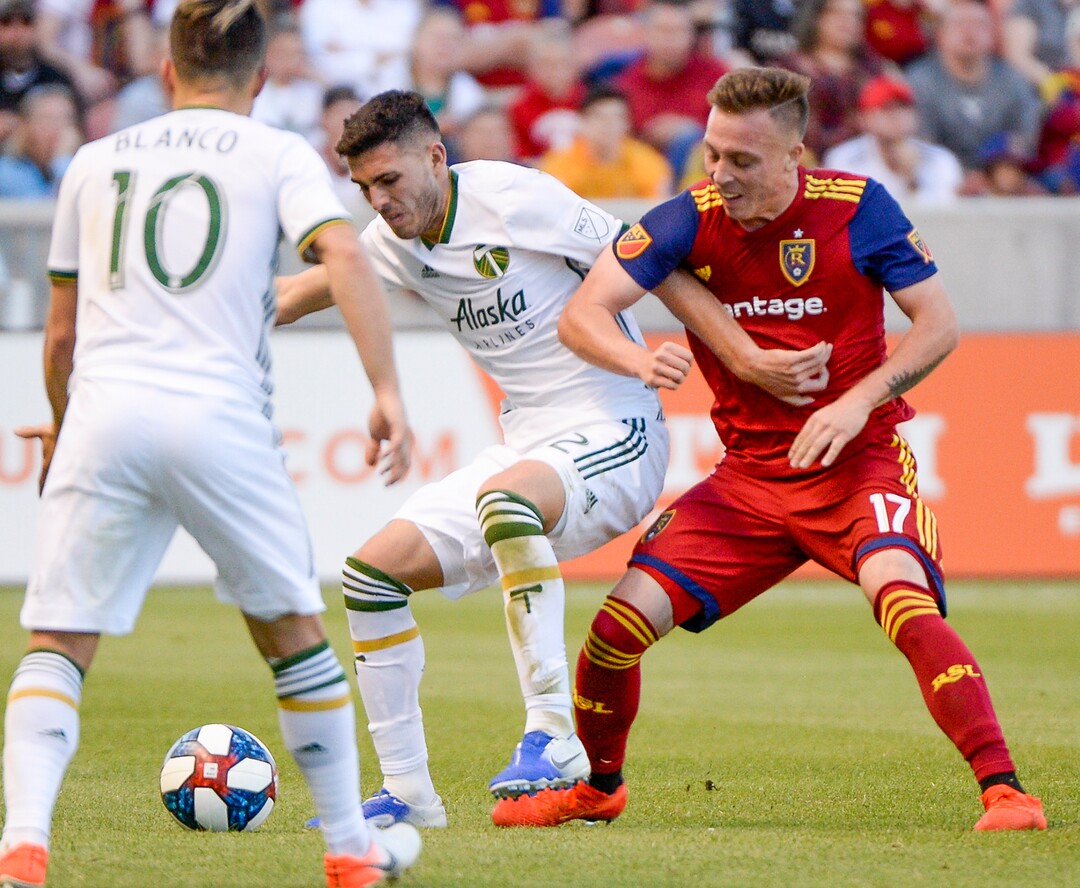 Leah Hogsten  |  The Salt Lake Tribune  Portland Timbers forward Jeremy Ebobisse (17) and Real Salt Lake defender Aaron Herrera (22) battle for possession. Real Salt Lake hosts the Portland Timbers, Saturday, May 4, 2019 at Rio Tinto Stadium in Salt Lake City.