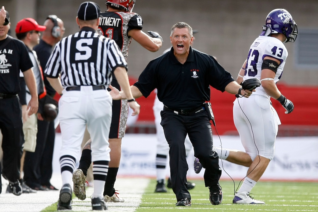 Chris Detrick  |  The Salt Lake Tribune Utah Head Coach Kyle Whittingham argues a call during the first half of the game at Rice-Eccles Stadium Saturday November 6, 2010.  TCU is winning the game 23-0.
