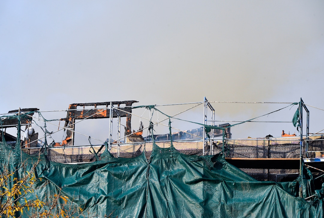 (Chris Samuels | The Salt Lake Tribune) Emergency crews continue to respond to a four-alarm fire in a new construction of apartment residences in Sugar House, Wednesday, Oct. 26, 2022.