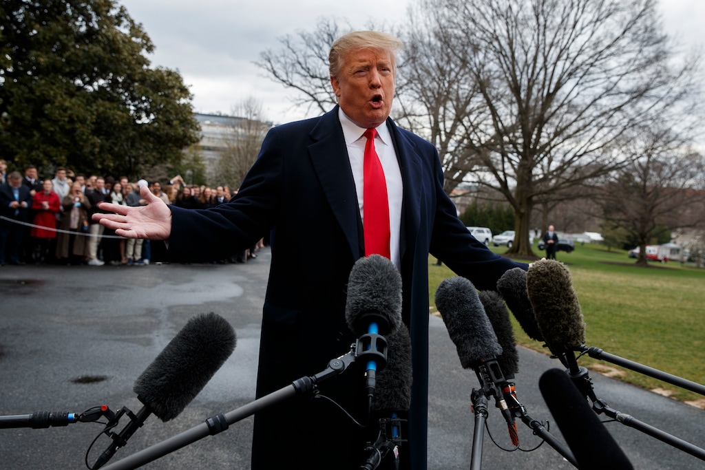 (Evan Vucci | Associated Press file photo) President Donald Trump talks with reporters before boarding Marine One on the South Lawn of the White House on Friday, March 22, 2019, in Washington.