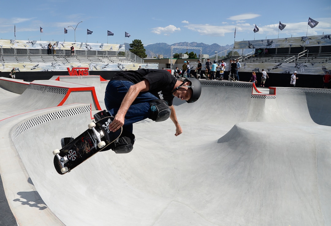(Francisco Kjolseth  |  The Salt Lake Tribune)  Skate legend Tony Hawk delights the crowd as he drops in for a round of tricks along with other pro skaters gathered for a community skate and first look of the new Vans - Utah Sports Commission Skatepark at the Utah State Fairpark on Tuesday, Sept. 3, 2019.