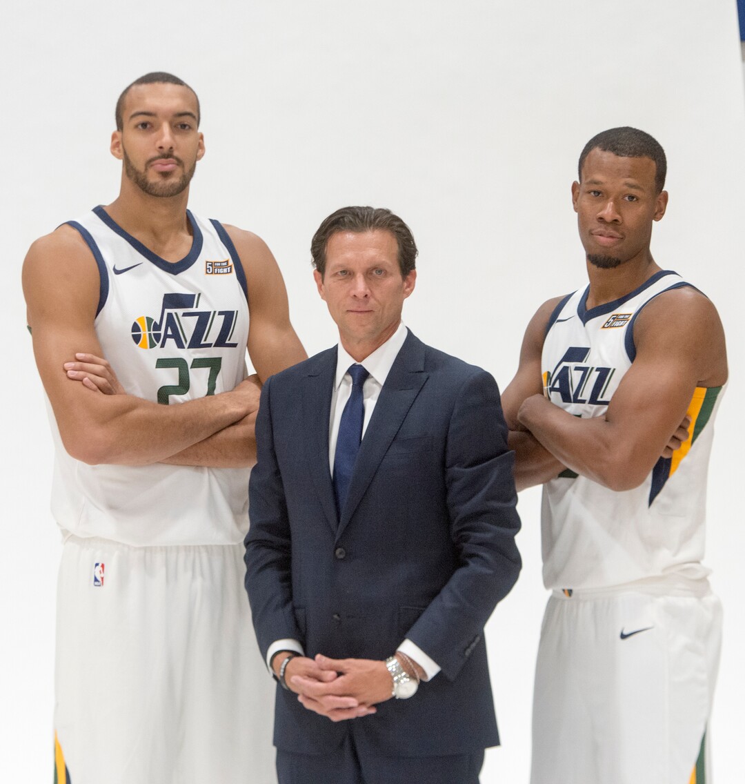 (Rick Egan  |  The Salt Lake Tribune)  Utah Jazz players Rudy Gobert, and Rodney Hood pose for a photo with head coach Quinn Snyder, during the Utah Jazz media day, at the Zions Bank Basketball Center, Monday, September 25, 2017.