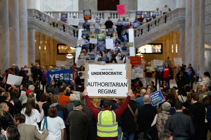 (Francisco Kjolseth  |  The Salt Lake Tribune)  Over 300 demonstrators fill the Capitol rotunda on Monday, Jan, 28, 2019, on the first day of the Legislative session to rally in support of protecting Proposition 3, the Medicaid Expansion law recently passed by voters.