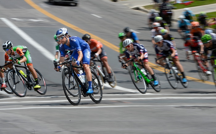 (Scott Sommerdorf   |  The Salt Lake Tribune)   Riders make the turn from Virginia St. onto 100 S during stage 7 of the Tour of Utah. Robert Britton is the winner of the 2017 Tour of Utah, Sunday, August 6, 2017.  