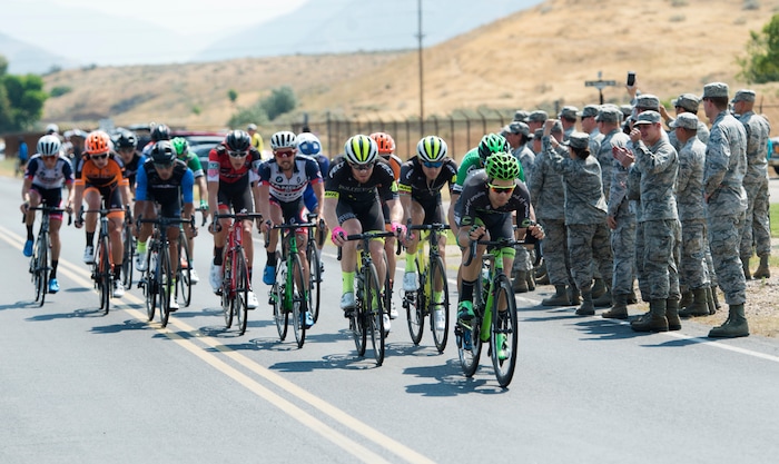 (Rick Egan  |  The Salt Lake Tribune)  Cyclists get cheers from Airmen, as they ride thought Hill Air Force Base in stage 5, of the Tour of Utah, Friday, August 4, 2017.


