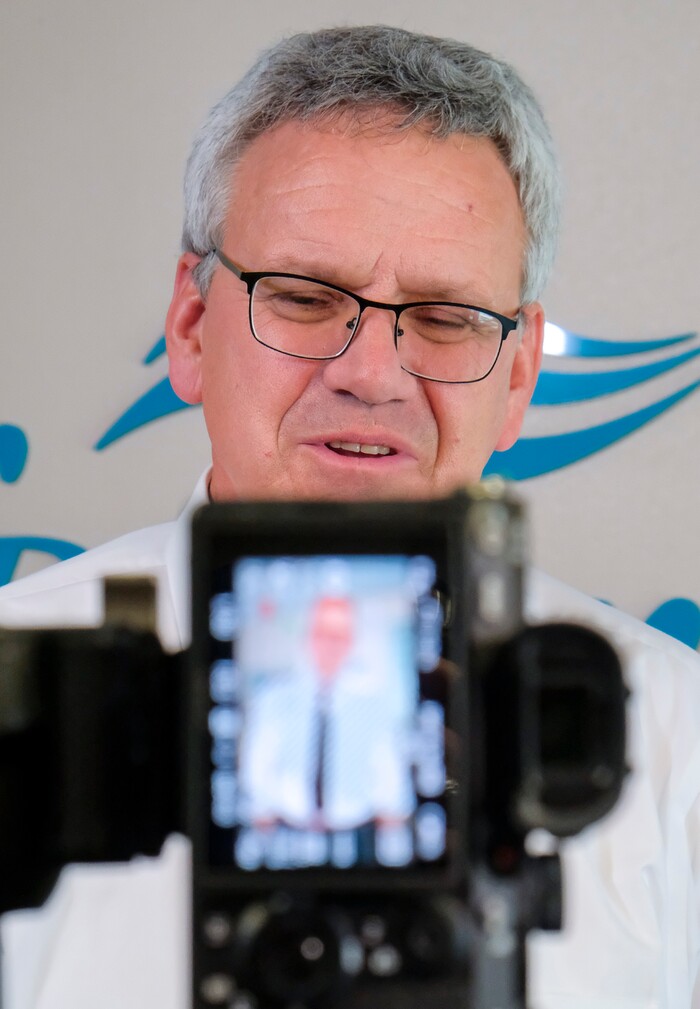 (Leah Hogsten | The Salt Lake Tribune)  Dr. Edward Redd with the Bear River Health Department is filmed by two filmakers with Penna Powers ad agency May 11, 2021 for public service announcements to encourage Utahns to get the COVID-19 vaccine.