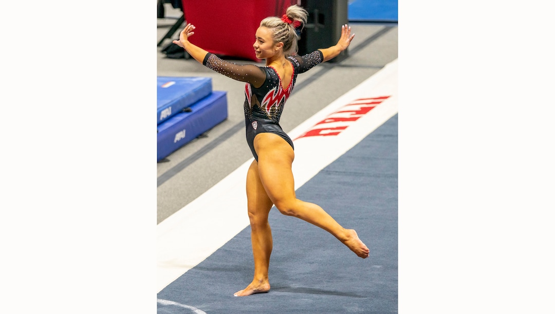 (Rick Egan | The Salt Lake Tribune)   Sydney Soloski competes on the floor, in PAC-12 gymnastics action between The University of Washington and The University of Utah at Jon M. Huntsman Center in Salt Lake City, on Saturday, Jan. 30, 2021.