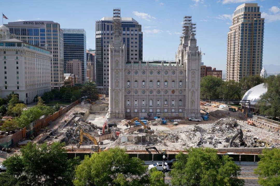 (Photo courtesy of The Church of Jesus Christ of Latter-day Saints) Piles of steel, copper, aluminum, stone and concrete are loaded and trucked to recycling plants from the Salt Lake Temple renovation project in this July 2020 photo. The sorting of the repurposed refuse is more time consuming but considered the right thing to do by the church and its contractors, the church said.