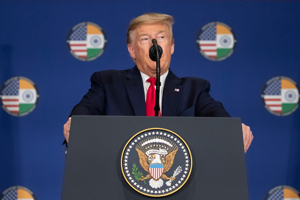 (Alex Brandon | AP) U.S.President Donald Trump speaks during a news conference, Tuesday, Feb. 25, 2020, in New Delhi, India.