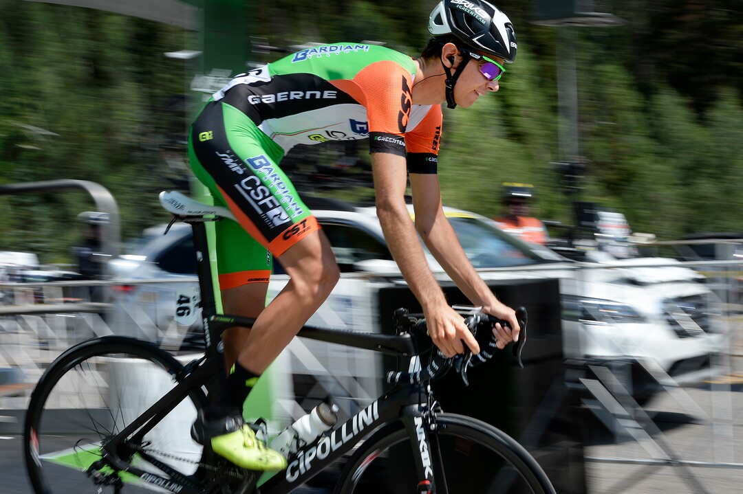 (Scott Sommerdorf   |  The Salt Lake Tribune)   Simone Sterbini starts his time trial as he rolls out of he starting chute for Stage 3 of the Tour of Utah in Big Cottonwood Canyon, Wednesday, August 2, 2017.  