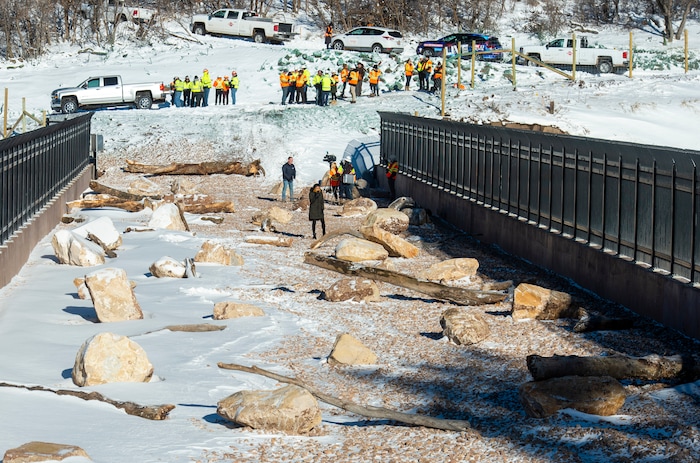 (Rick Egan  |  The Salt Lake Tribune)     UDOT personal and reporters check out the  first overpass for wildlife at the summit of Parleys Canyon crosses I-80 near Exit 140.  Wednesday, Dec. 12, 2018.


