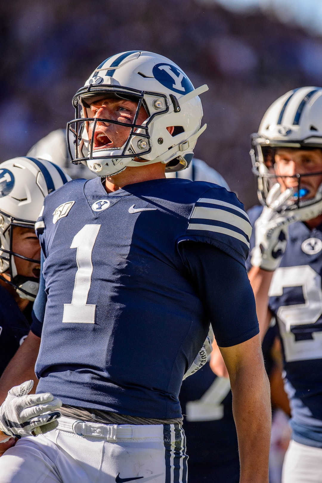 (Trent Nelson  |  The Salt Lake Tribune)  Brigham Young Cougars quarterback Zach Wilson (1) celebrates a late touchdown as BYU hosts USC, NCAA football in Provo on Saturday Sept. 14, 2019.