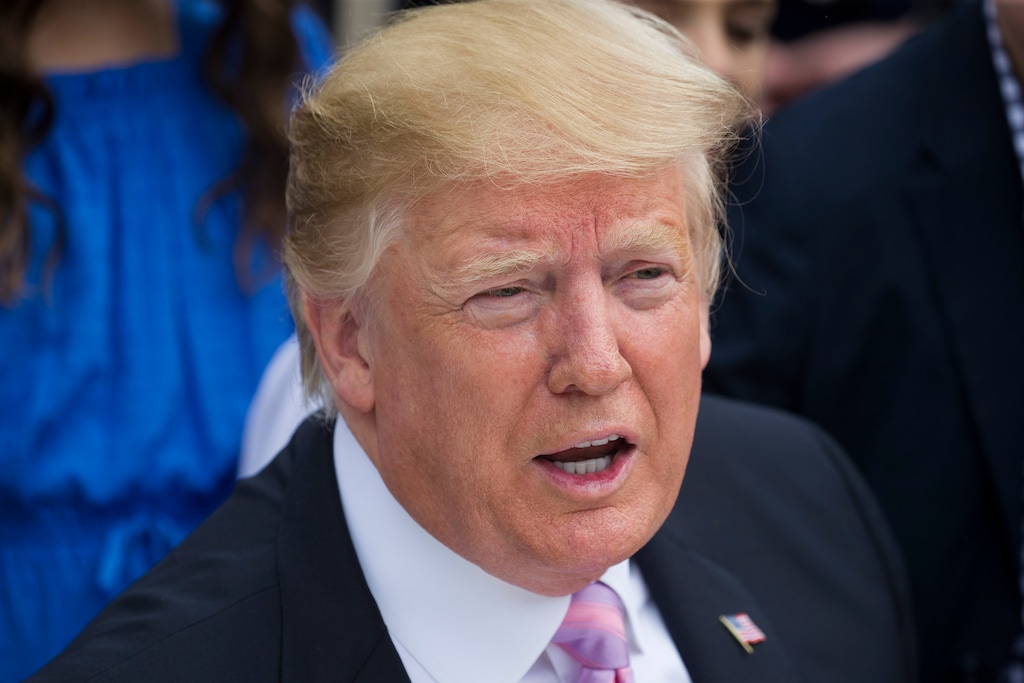 President Donald Trump speaks with children on the South Lawn of the White House in Washington, Monday, April 22, 2019, during the annual White House Easter Egg Roll. (AP Photo/Alex Brandon)