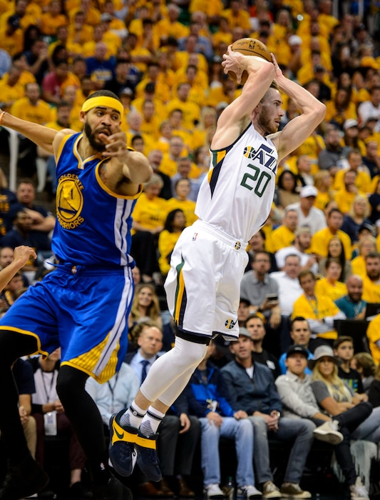 Steve Griffin | The Salt Lake Tribune
Utah Jazz forward Gordon Hayward (20) passes out of trouble during game 4 of the NBA playoff game between the Utah Jazz and the Golden State Warriors at Vivint Smart Home Arena in Salt Lake City Monday May 8, 2017.