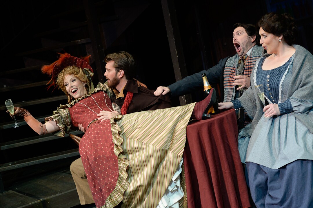 (Francisco Kjolseth  |  The Salt Lake Tribune)  Utah Opera's season opener, "La bohème," Puccini's popular tearjerker about starving artists in turn-of-the-century Paris, opens for five shows on Oct. 7, 2017. On set joking around with the staff during set photos were:  Celena Shafer (Musetta), Michael Adams (Marcello), Jennifer Black (Mimì), Scott Quinn (Rodolfo), from left.