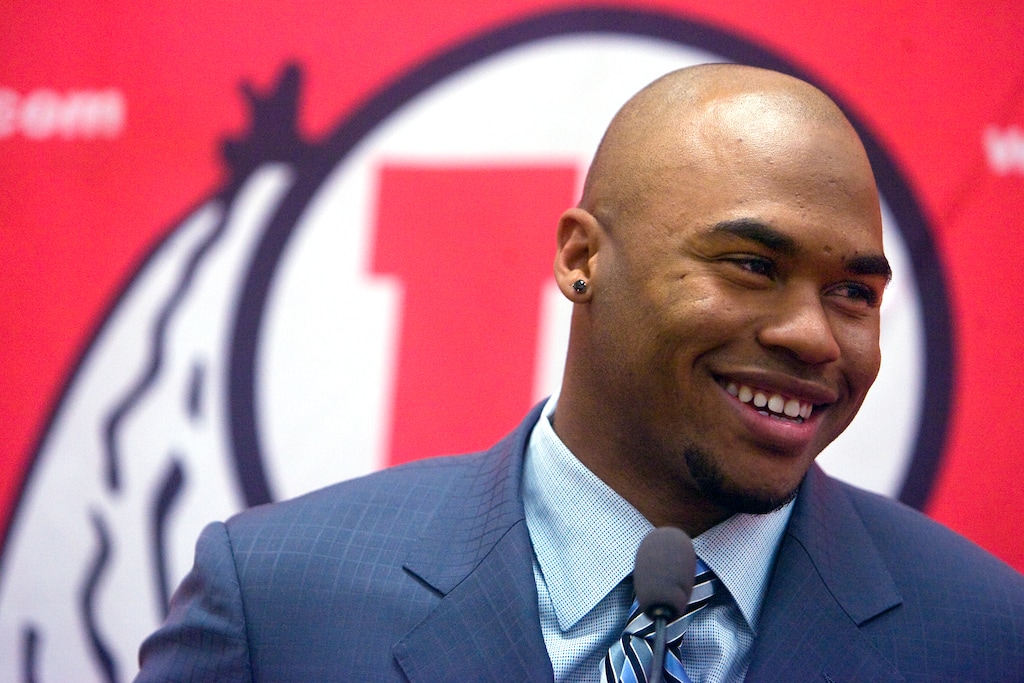 Al Hartmann | Salt Lake Tribune
Former University of Utah football star Steve Smith, now an all-pro receiver for the Carolina Panthers along with his wife Angie have pledged a $250,000 gift to the Utah athletics department to endow a scholarship for a wide receiver. There was a check presentation ceremony at the Dee Glen Smith Center Auditorium on the University of Utah campus Tuesday March 26, 2008.