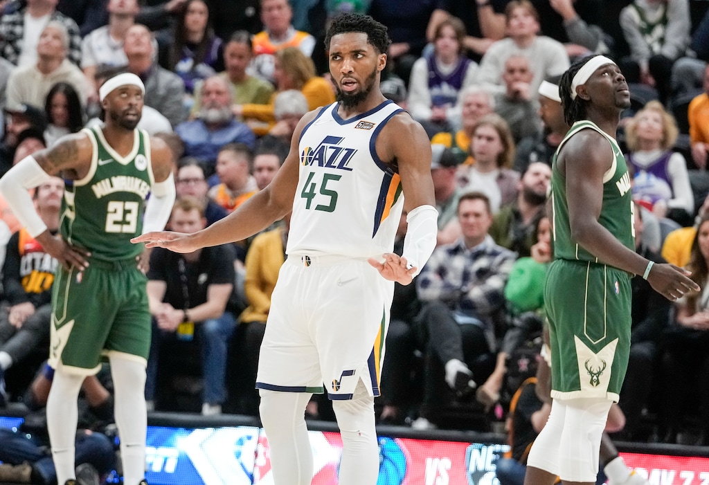 (Leah Hogsten | The Salt Lake Tribune) Utah Jazz guard Donovan Mitchell (45) looks to teammates with his own call as the Utah Jazz host the Milwaukee Bucks at Vivint Arena, Mar. 14, 2022.