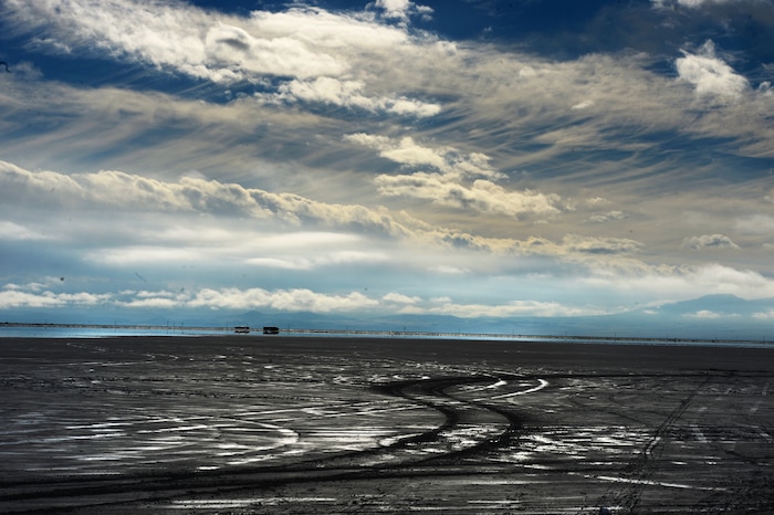 Steve Griffin / The Salt Lake Tribune

Car tracks in the mud at the end of the road at Bonneville Salt Flats International Speedway Monday January 2, 2017. 