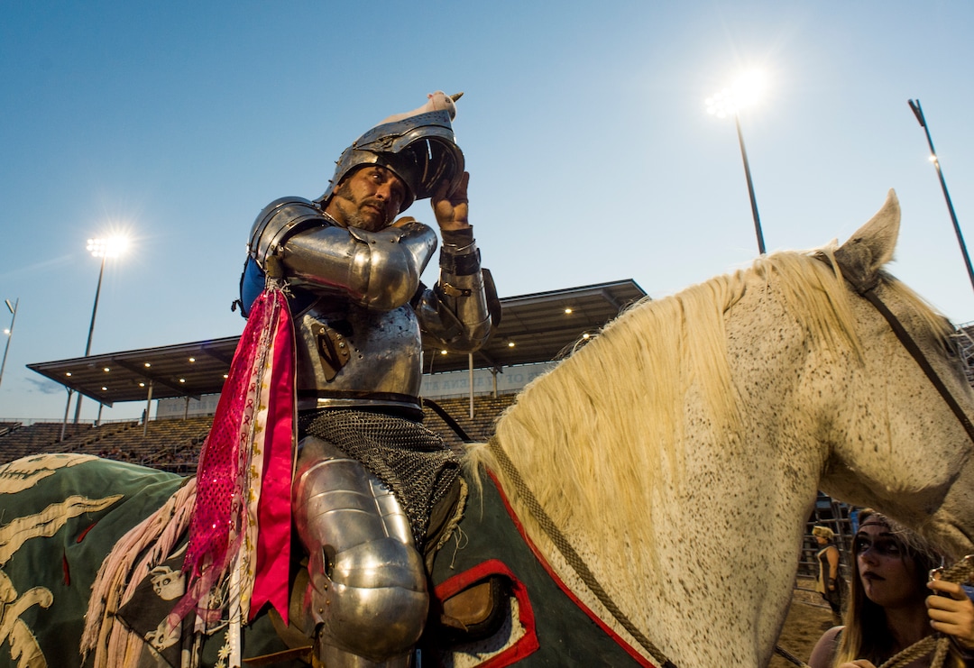 (Rick Egan  |  The Salt Lake Tribune)      Eddie the "Hit Man” Rigney prepares for the Knights of Mayhem jousting competition, at the Utah State Fair, Thursday, Sept. 6, 2018.