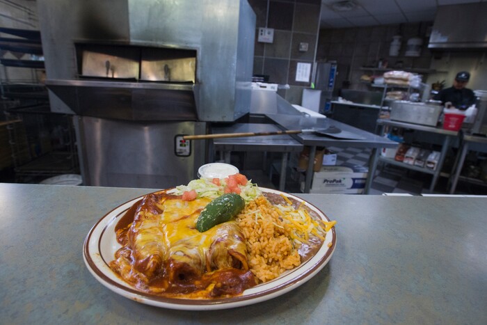 (Rick Egan  |  The Salt Lake Tribune)  Chicken enchiladas at the Silver Summit Cafe, on Silver Creek Drive in Park City.