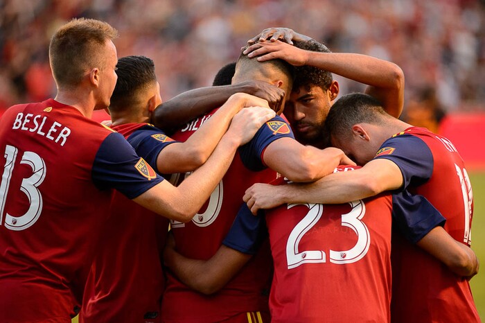 (Trent Nelson | The Salt Lake Tribune)  
Real Salt Lake players celebrate a goal by midfielder Luis Silva (20) in a match vs. Houston Dynamo, MLS Soccer at Rio Tinto Stadium in Sandy, Utah, Wednesday May 30, 2018.