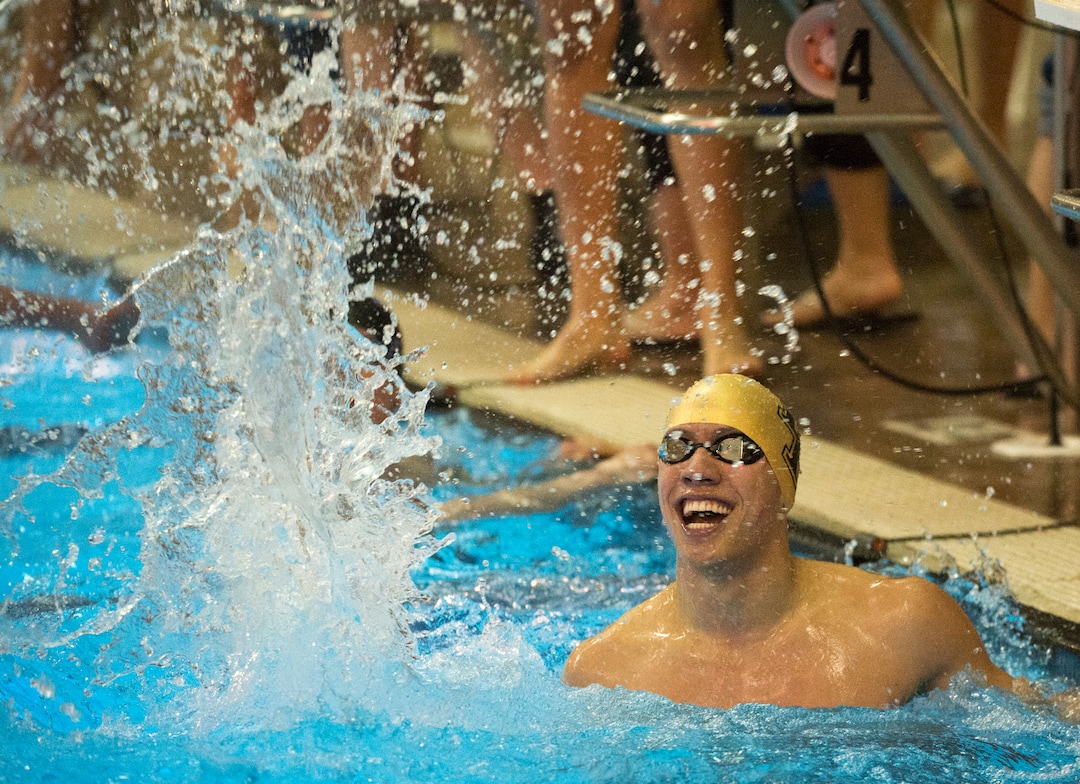 (Rick Egan  |  The Salt Lake Tribune)    Lone Peak Swimmer Johnnie Condie celebrates Lone Peak's state championship in the 200 Yard Freestyle relay, in 6A State Swimming Championships in Bountiful, Friday, February 9, 2018.