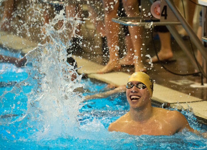 (Rick Egan  |  The Salt Lake Tribune)    Lone Peak Swimmer Johnnie Condie celebrates Lone Peak's state championship in the 200 Yard Freestyle relay, in 6A State Swimming Championships in Bountiful, Friday, February 9, 2018.