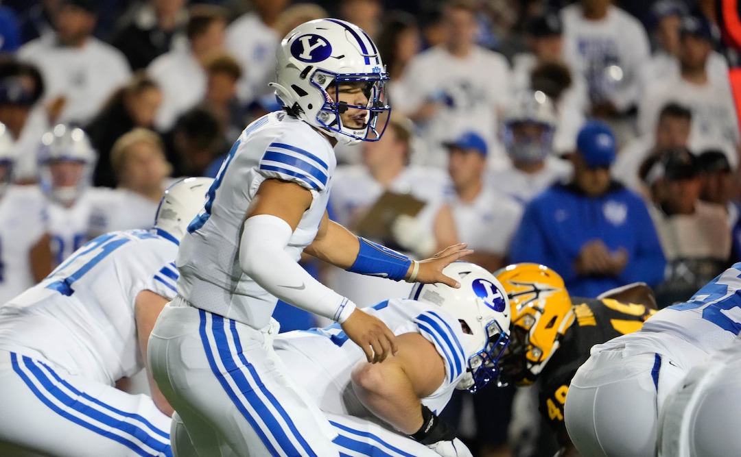 (Francisco Kjolseth | The Salt Lake Tribune) Brigham Young Cougars quarterback Jaren Hall (3) calls out a play in football action between the Brigham Young Cougars and the Arizona State Sun Devils at LaVell Edwards Stadium in Provo, on Saturday, Sept. 18, 2021.