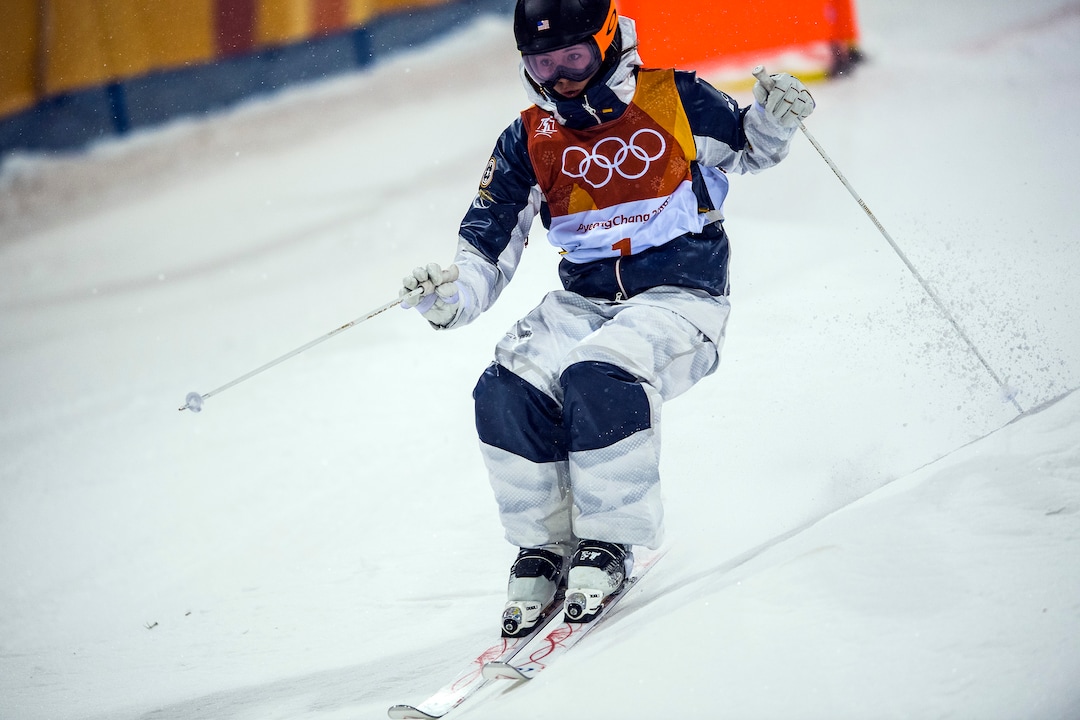 (Chris Detrick  |  The Salt Lake Tribune)  Park City's Jaelin Kauf competes in the Ladies' Moguls Final at Phoenix Park during the Pyeongchang 2018 Winter Olympics Sunday, February 11, 2018. Kauf finished seventh with a score of 76.03.