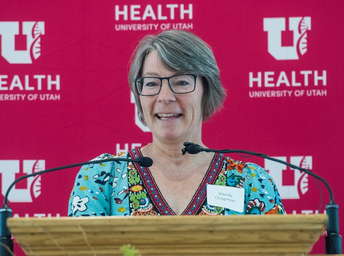 (Rick Egan  |  The Salt Lake Tribune)    Wendy Chapman says a few words as the University of Utah named her as one of the six new Jon M. Huntsman Presidential Chairs, funded by the Huntsman Family Foundation, during a ceremony at the Alumni House, Tuesday, June 19, 2018.


