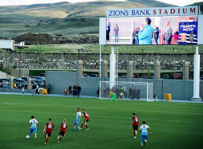 (Rick Egan  |  The Salt Lake Tribune)      The Real Monarchs play the Las Vegas Lights FC at the new Zions Bank Stadium in, Herriman, Monday, April 30, 2018.


