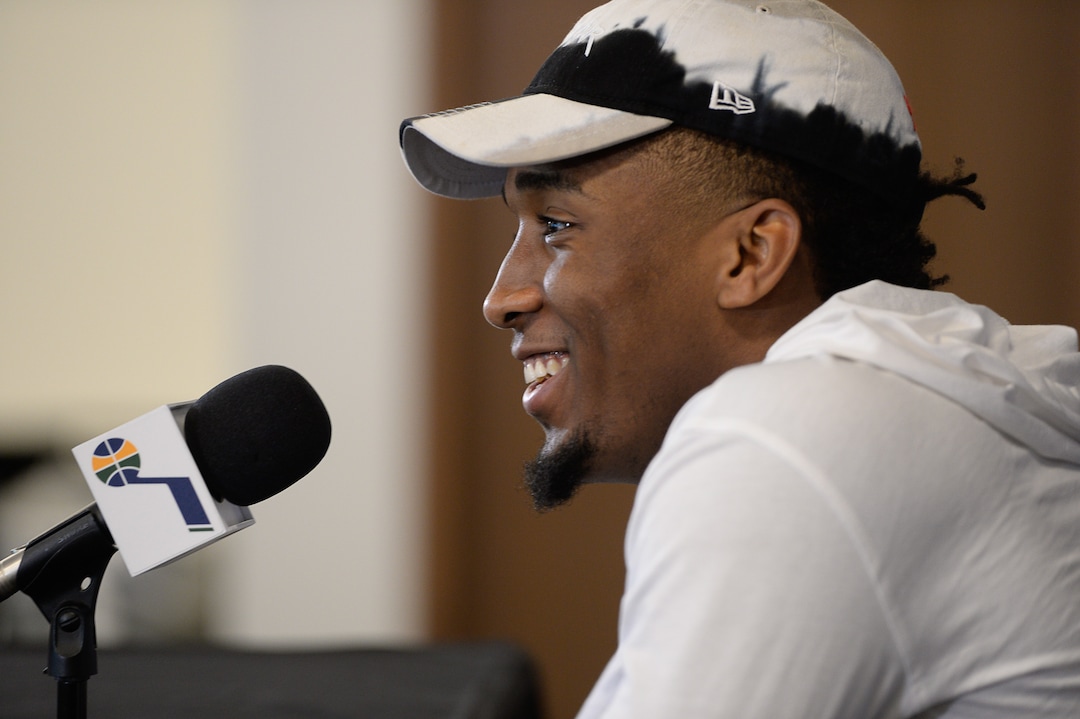 (Francisco Kjolseth  |  The Salt Lake Tribune)  Utah Jazz      guard Donovan Mitchell speaks with the media during exit interviews at the team's practice facility in Salt Lake City Wednesday, May 8, 2018, after losing to the Houston Rockets in Game 5 of their Western Conference Semifinals during the 2018 NBA Playoffs.