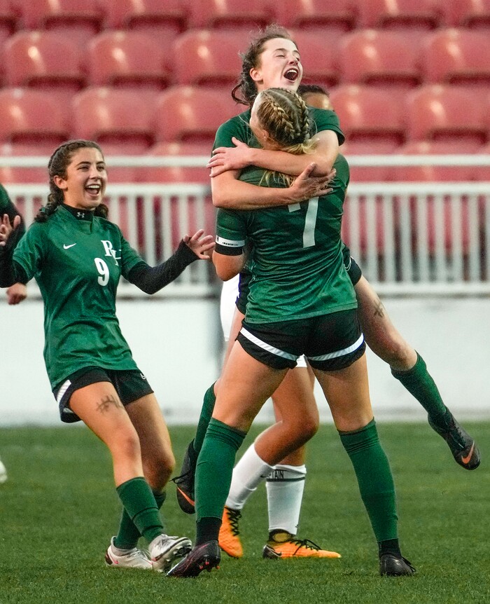 (Leah Hogsten | The Salt Lake Tribune) RHSM's celebrates Camryn Kennedy's (7) penalty kick that hit the net for a second half goal to tie the game. Waterford School defeated Rowland Hall-St. Marks High School, 4-3 to win the 2A State Soccer Championship game Oct. 23, 2021 at Rio Tinto Stadium.
