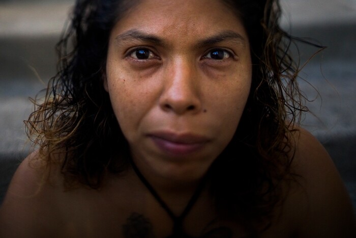(Jae C. Hong | The Associated Press) Bernadette Ortiz, 39, poses for a photo Tuesday, Oct. 24, 2017, in San Jose, Calif. Ortiz recently gave a birth to her fifth child. She and her fiance were living in a tent when she found out she was pregnant. The couple lives in a temporary shelter at a local church until their move to a studio apartment. "I don't want to live in a tent ever again," said Ortiz.